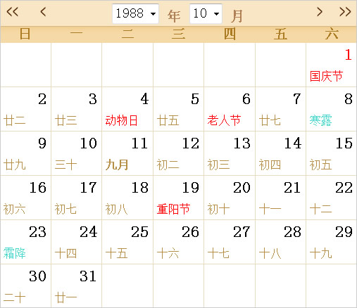 1988日历表,1988全年日历农历表